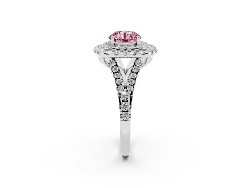 Round Halo Split Shank Engagement Ring Setting for a Fancy Pink Lab-Grown Diamond | Pavé Strands | White Gold