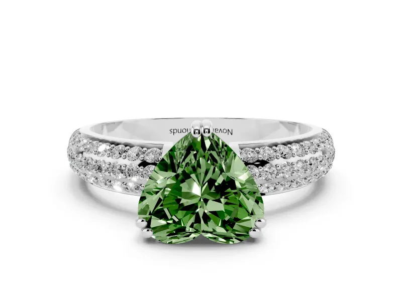 Fancy Green Heart Cut Diamond Solitaire Ring Set in Platinum with Multi-Row Round Pavé Band and Prong Setting