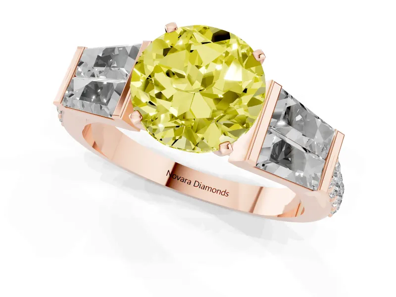 Fancy Yellow Round Cut Diamond Engagement Ring Set in Rose gold with Baguette Side Stones and Channel Set Band