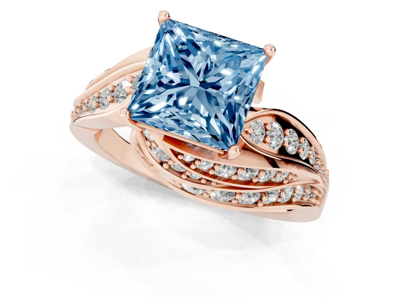 Princess Cut Bypass Hidden Halo Engagement Ring Setting for a Fancy Blue Lab-Grown Diamond | Graduated Pavé | Rose Gold