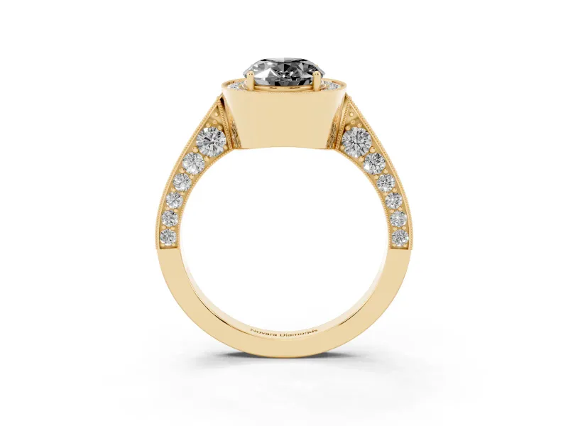 Oval Milgrain Halo Engagement Ring Setting for a Black Center | Side Stones | Yellow Gold