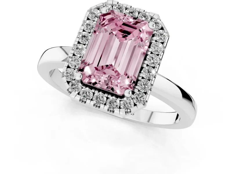 Emerald Cut Thin Halo Engagement Ring Setting for a Fancy Pink Lab-Grown Diamond | Plain Polished Band | Platinum