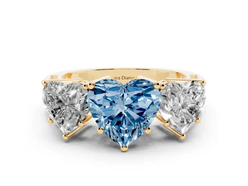 Fancy Blue Heart Cut Diamond Three-Stone Ring Set in Yellow gold with Textured Band