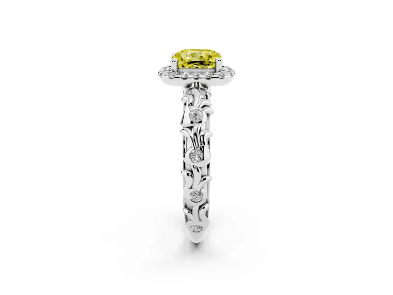 Cushion Cut Leaf Halo Engagement Ring Setting for a Fancy Yellow Lab-Grown Diamond | Bezel Accents | Platinum