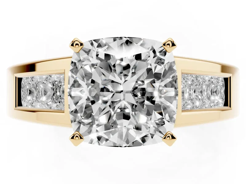 Cushion Cut Channel-Set Engagement Ring Setting | Princess Side Stones | Yellow Gold