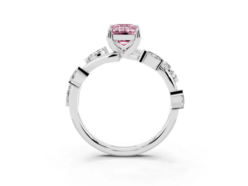 Fancy Pink Emerald Cut Diamond Solitaire Ring Set in Platinum with Twisted Marquise Accent Band