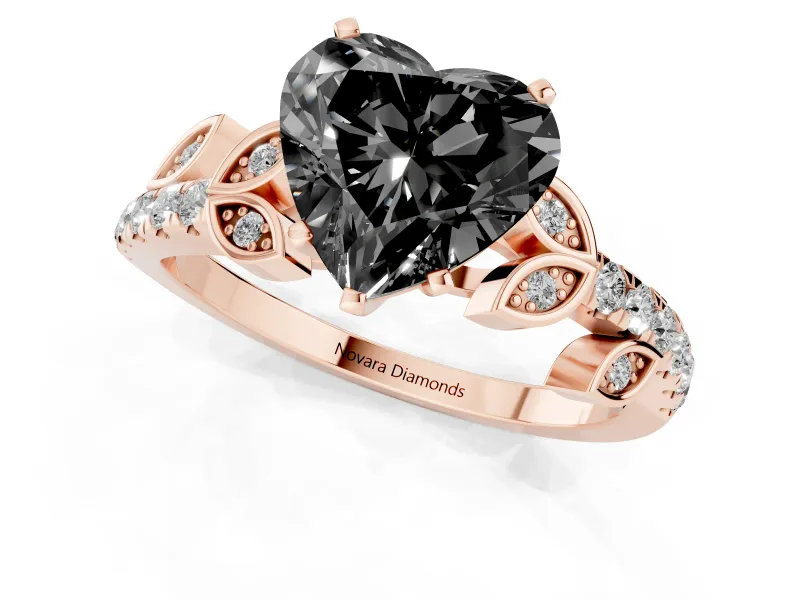 Fancy Black Heart Cut Diamond Solitaire Leaf-Inspired Ring Set in Rose gold with Pavé Band and Prong Setting