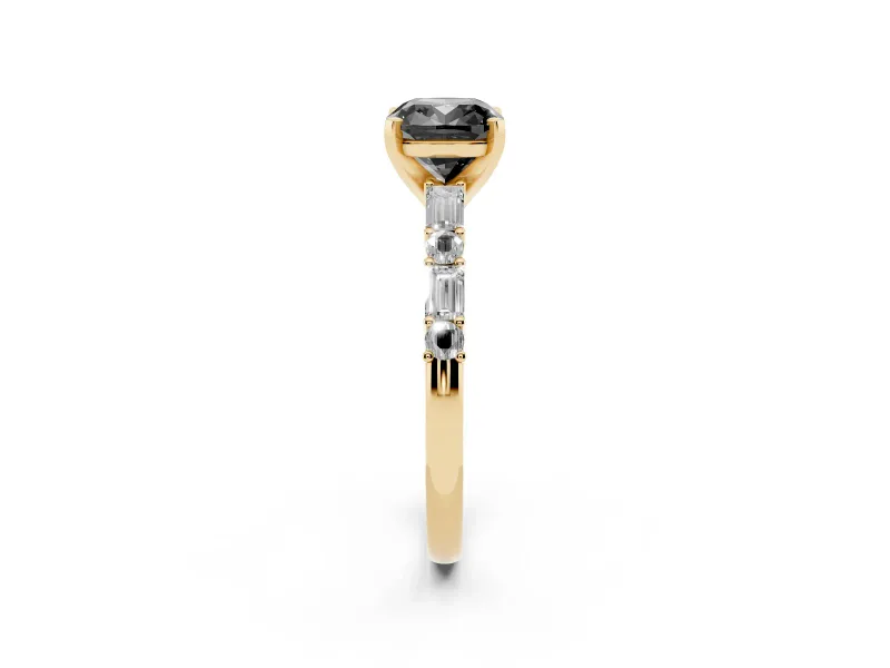 Fancy Black Cushion Cut Diamond Solitaire Set in Yellow gold with Side Baguettes and Channel Set Band