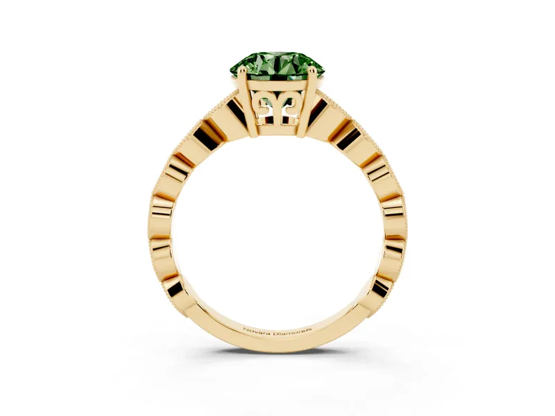Fancy Green Round Cut Diamond Solitaire Ring Set in Yellow gold with Infinity Twist Pavé Band