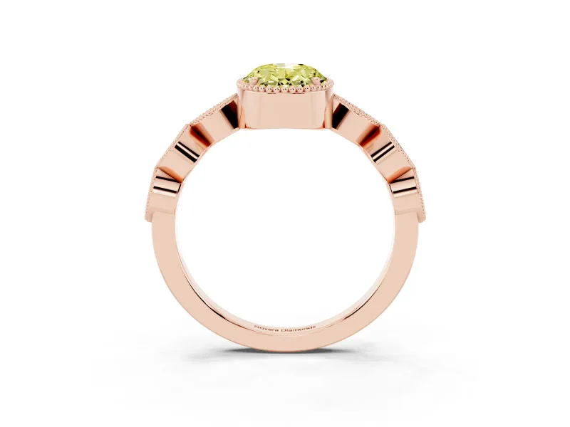 Fancy Yellow Oval Cut Diamond Vintage-Inspired Milgrain Ring Set in Rose gold with Marquise Stations of Round Accents