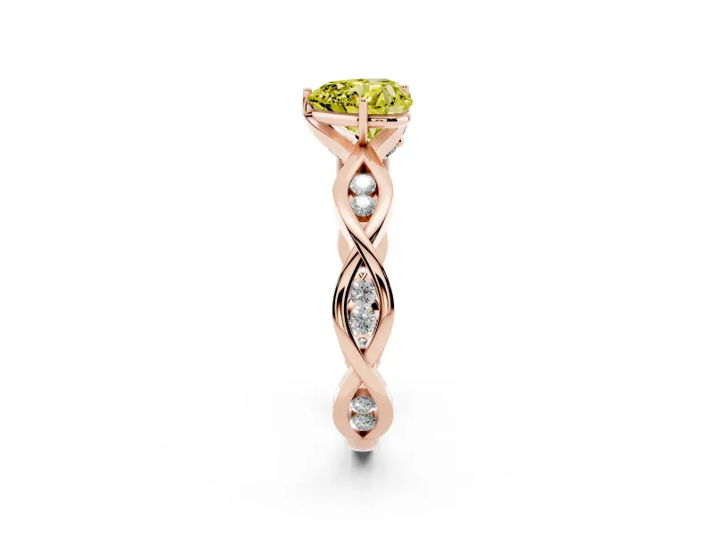 Fancy Yellow Heart Cut Diamond Twist Band Solitaire Ring Set in Rose gold with Leaf Prong Setting and Accent Stones