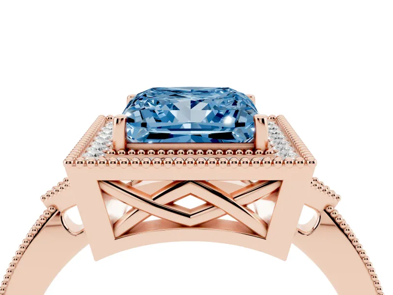 Fancy Blue Princess Cut Diamond Halo Engagement Ring Set in Rose gold with Milgrain Pavé Band