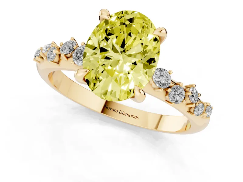 Fancy Yellow Oval Cut Diamond Solitaire Vine Band Ring Set in Yellow gold with Round Accents and Prong Setting