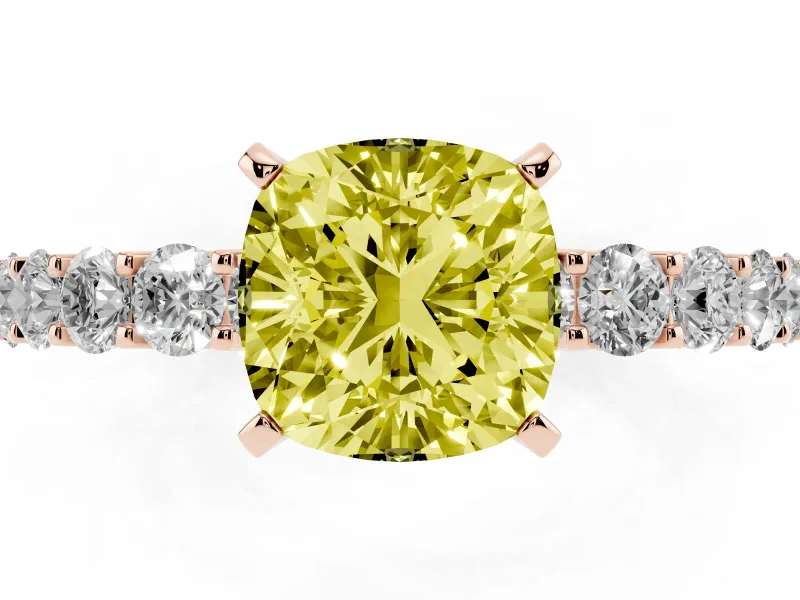 Cushion Cut Shared Prong Engagement Ring Setting for a Fancy Yellow Lab-Grown Diamond | Rose Gold