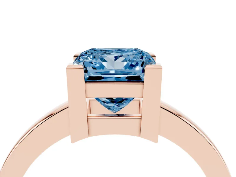 Fancy Blue Princess Cut Diamond Solitaire Ring Set in Rose gold with Prong Head and Smooth Polished Band