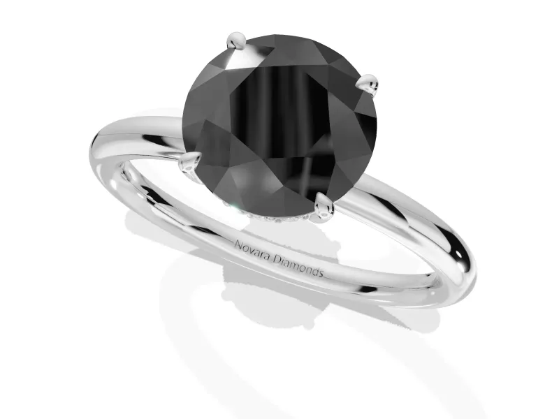 Round Hidden Halo Engagement Ring Setting for a Black Center | Thin Plain Band | White Gold