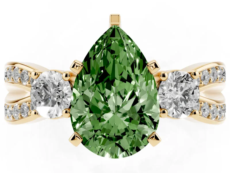 Fancy Green Three-Stone Pear Cut Diamond Twist Band Ring Set in Yellow gold with Pavé Accents and Prong Setting