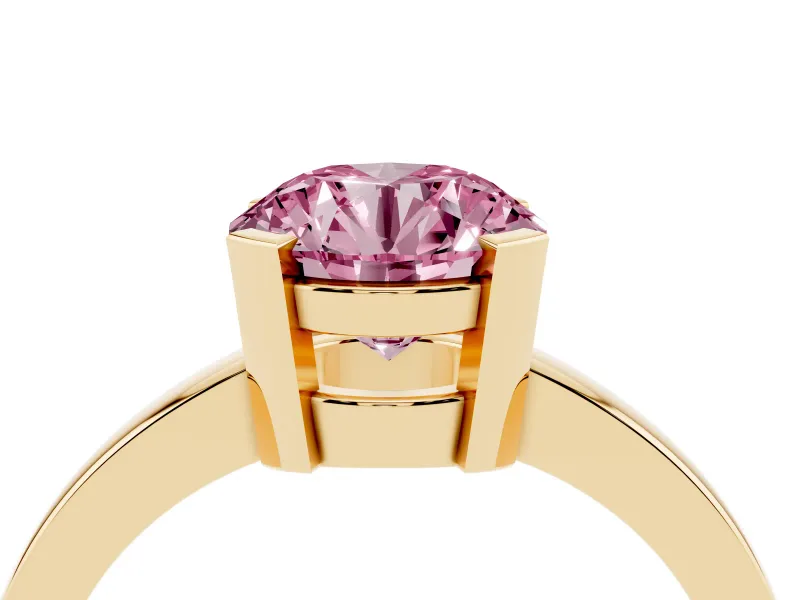 Fancy Pink Round Cut Diamond Solitaire Ring Set in Yellow gold with Prong Head and Smooth Polished Band