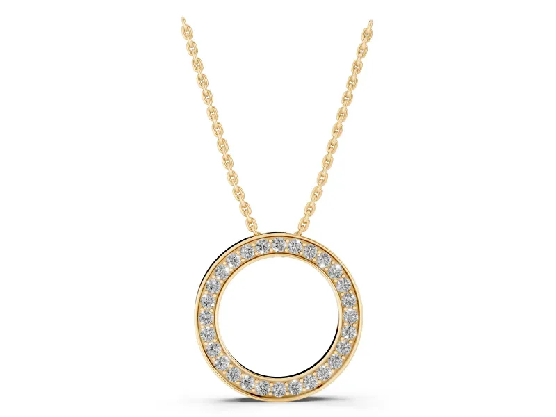 Round Lab-Grown Diamond Pavé Circle Pendant Necklace | Polished Rails | Yellow Gold
