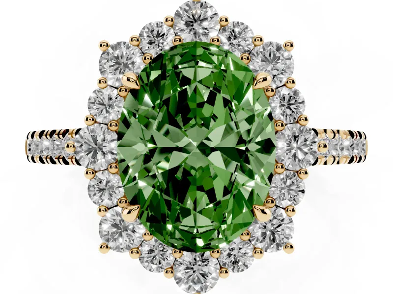 Oval Scalloped Halo Engagement Ring Setting for a Fancy Green Lab-Grown Diamond | Single Row Pave | Yellow Gold