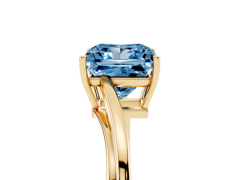 Fancy Blue Princess Cut Diamond Solitaire Twist Band Ring Set in Yellow gold with Prong Setting