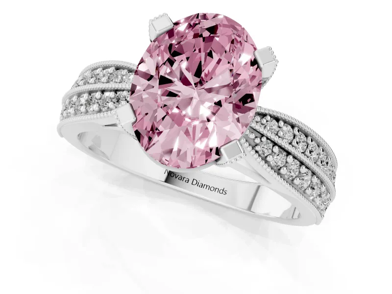 Fancy Pink Oval Cut Diamond Solitaire Ring Set in White gold with Milgrain Double Row Round Pavé Band