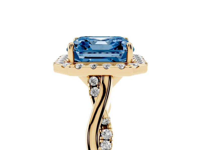 Asscher Cut Twist Halo Engagement Ring Setting for a Fancy Blue Lab-Grown Diamond | Yellow Gold