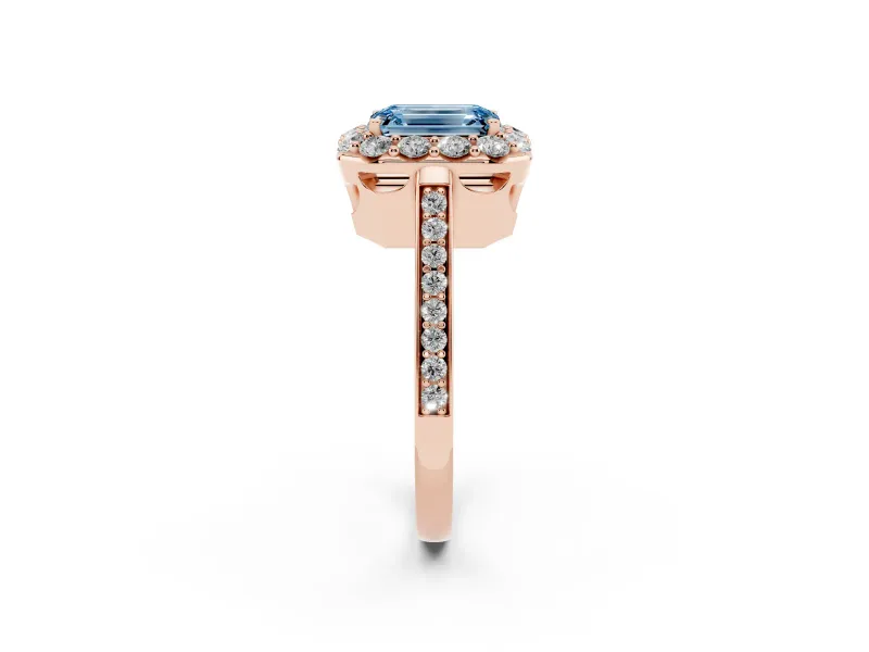 Fancy Blue Emerald Cut Diamond Floral Halo Ring Set in Rose gold with Pavé Band and Prong Setting