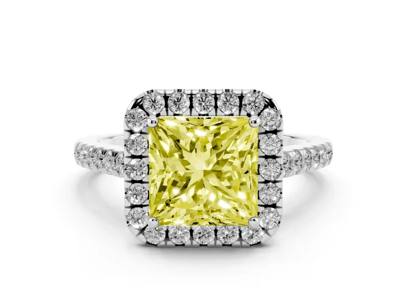 Fancy Yellow Princess Cut Diamond Halo Pavé Engagement Ring Set in White gold with Prong Setting