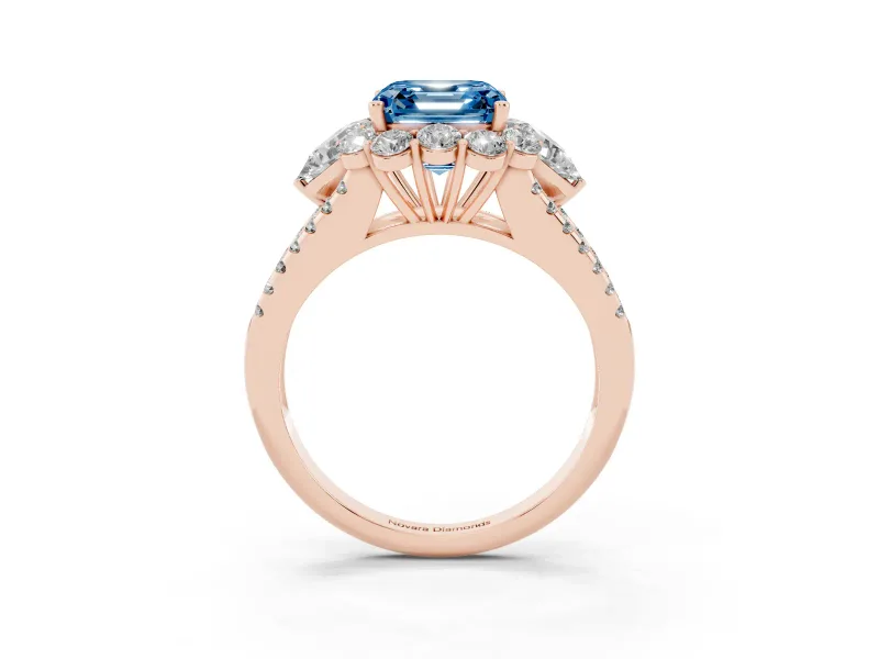 Fancy Blue Asscher Cut Diamond Halo Split Shank Engagement Ring Set in Rose gold with Prong-Held Center Stone