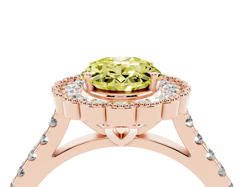 Fancy Yellow Oval Cut Diamond Milgrain Floral Halo Engagement Ring Set in Rose gold with Pavé Band