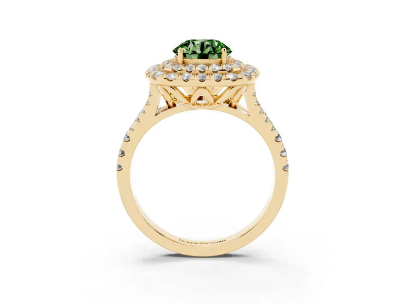 Round Halo Split Shank Engagement Ring Setting for a Fancy Green Lab-Grown Diamond | Pavé Strands | Yellow Gold