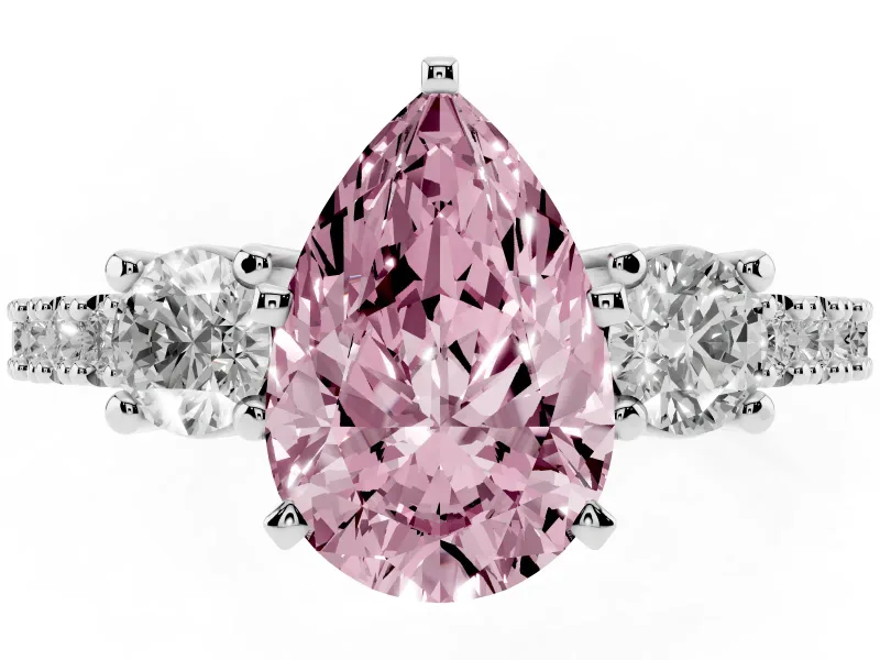 Fancy Pink Three-Stone Pear Cut Diamond Pavé Band Ring Set in White gold with Prong Setting