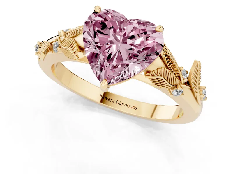 Heart-Shaped Leaf Solitaire Engagement Ring Setting for a Fancy Pink Lab-Grown Diamond | Yellow Gold
