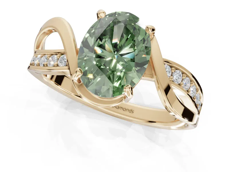 Oval Bypass Solitaire Engagement Ring Setting for a Fancy Green Lab-Grown Diamond | Pavé and Plain Strands | Yellow Gold