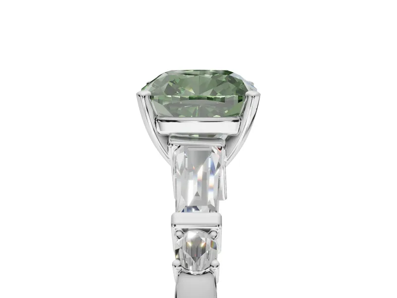 Cushion Cut Tapered Baguette Engagement Ring Setting for a Fancy Green Lab-Grown Diamond | Platinum
