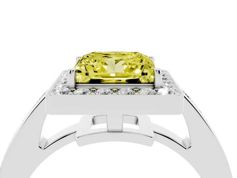 Fancy Yellow Princess Cut Diamond Halo Pavé Engagement Ring Set in Platinum with Bezel Setting