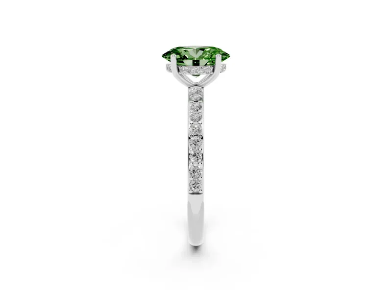 Fancy Green Oval Cut Diamond Pavé Band Ring Set in Platinum with Prong-Set Center Stone