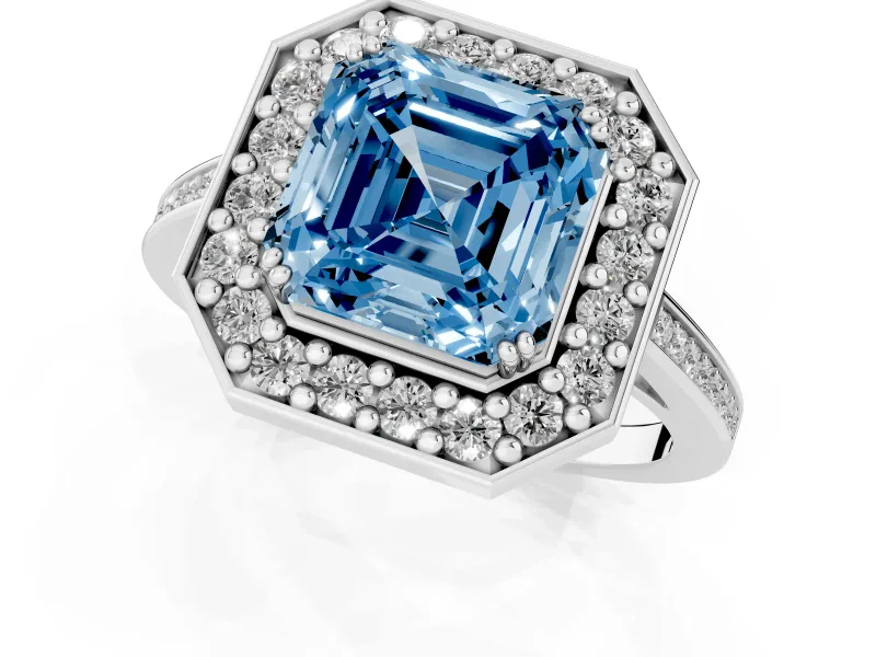Asscher Cut Halo Engagement Ring Setting for a Fancy Blue Lab-Grown Diamond | Polished Halo Rim | Platinum