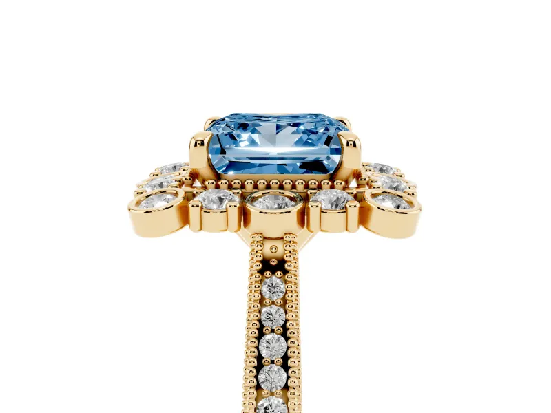 Fancy Blue Princess Cut Diamond Halo Milgrain Pavé Ring Set in Yellow gold with Prong Setting