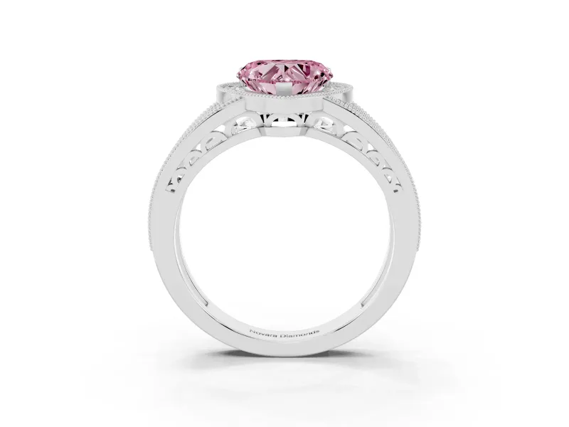 Fancy Pink Heart Cut Diamond Halo Ring Set in Platinum with Accent Split Shank and Prong Setting