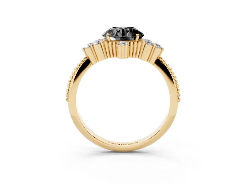 Round Vintage Cluster Engagement Ring Setting for a Black Center | Beaded Edges | Yellow Gold