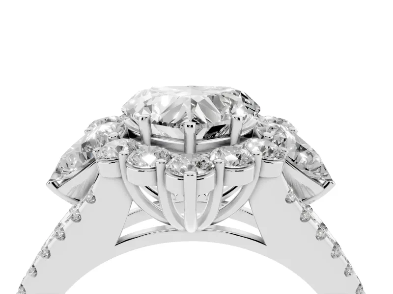 Heart-Shaped Scalloped Halo Engagement Ring Setting | Pear Side Stones | White Gold