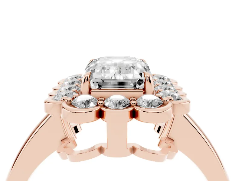 Emerald Cut Scalloped Cluster Halo Engagement Ring Setting | Plain Band | Rose Gold