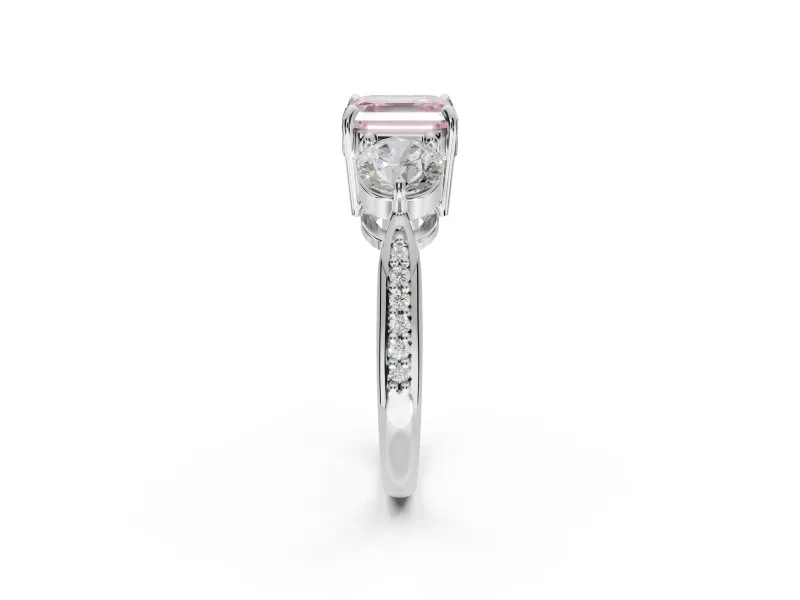 Asscher Cut Three Stone Engagement Ring Setting for a Fancy Pink Lab-Grown Diamond | Tapered Pave Band | Sterling Silver