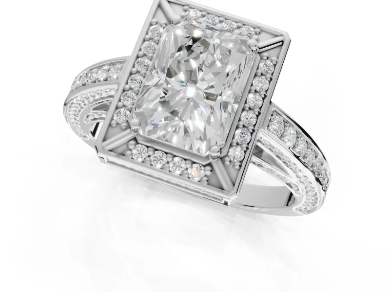 Radiant Cut Sectioned Halo Engagement Ring Setting | Pavé Gallery and Band | White Gold
