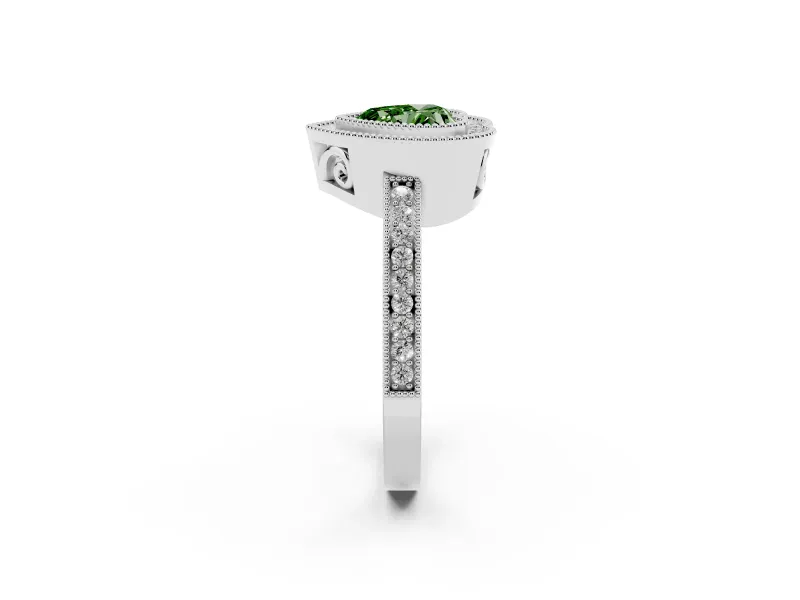 Heart-Shaped Double Milgrain Halo Engagement Ring Setting for a Fancy Green Lab-Grown Diamond | Pave Band | White Gold