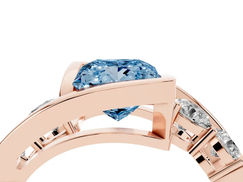 Fancy Blue Princess Cut Diamond Bezel Bypass Ring Set in Rose gold with Round Accents