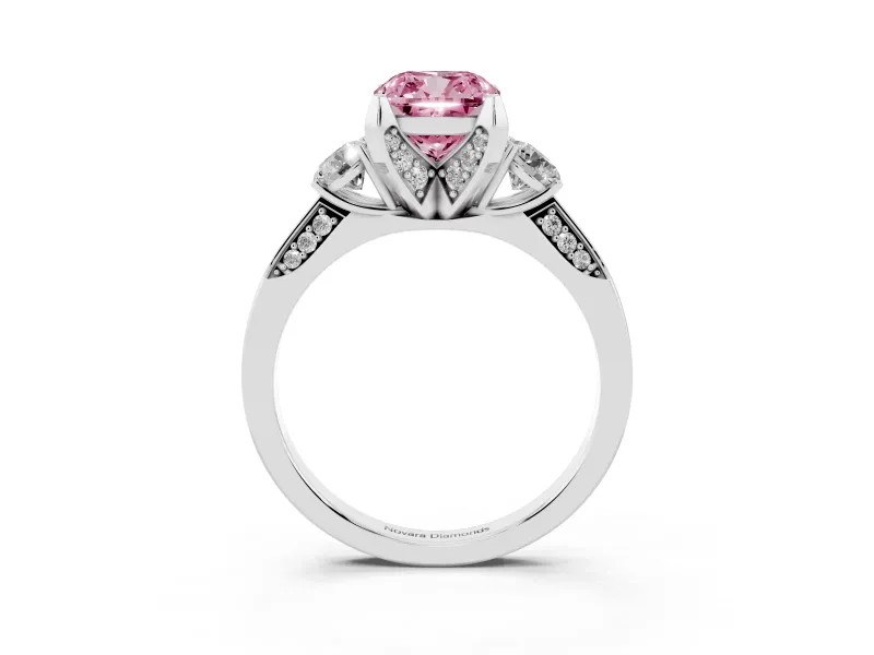Cushion Cut Hidden Halo Three Stone Engagement Ring Setting for a Fancy Pink Lab-Grown Diamond | Sterling Silver