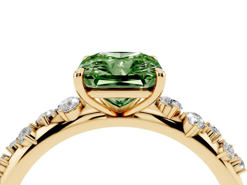 Fancy Green Radiant Cut Diamond Cluster Solitaire Ring Set in Yellow gold with Prong Setting